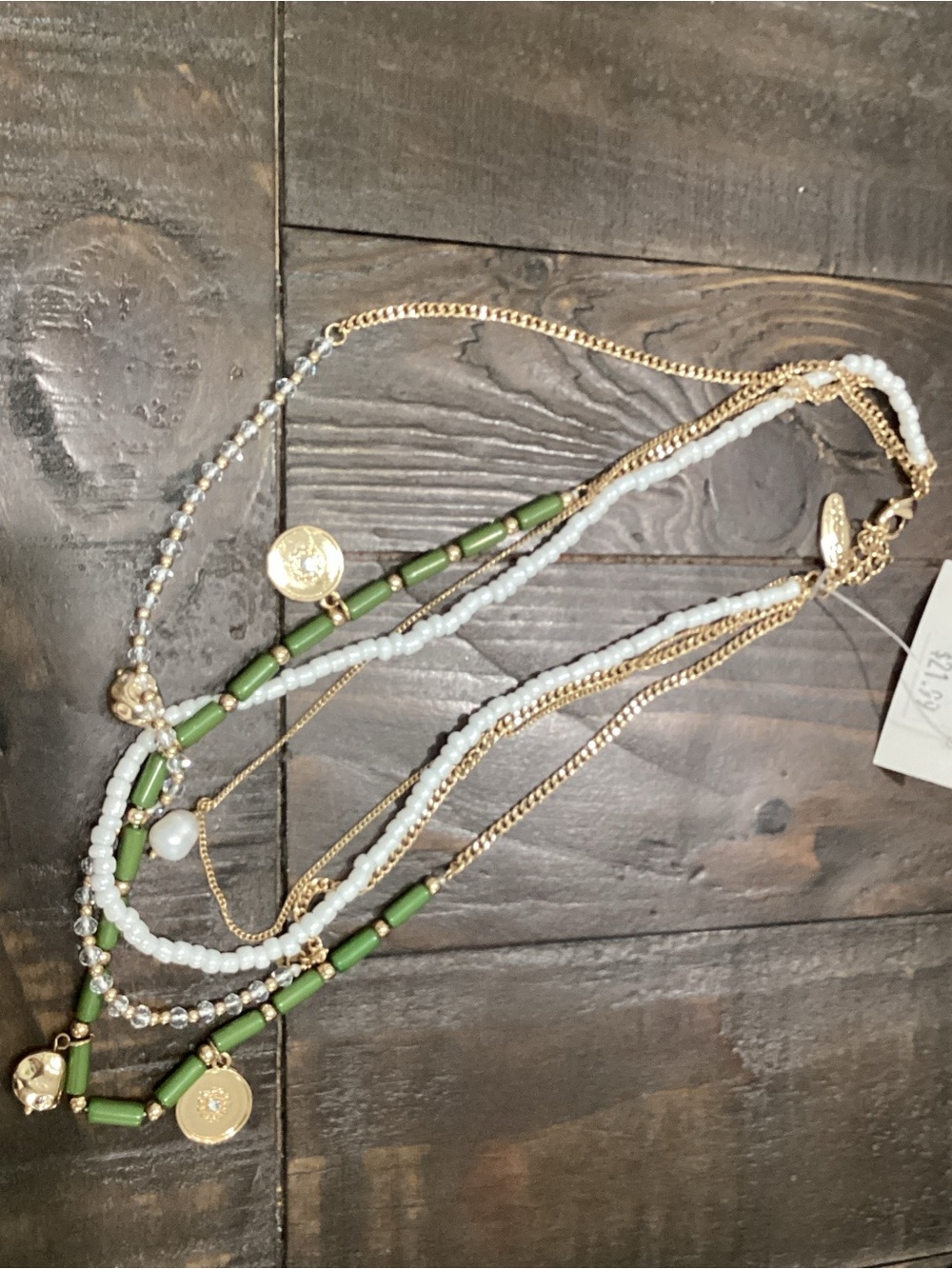 Plunder Gold, Green & White Multi-Strand Charm Necklace